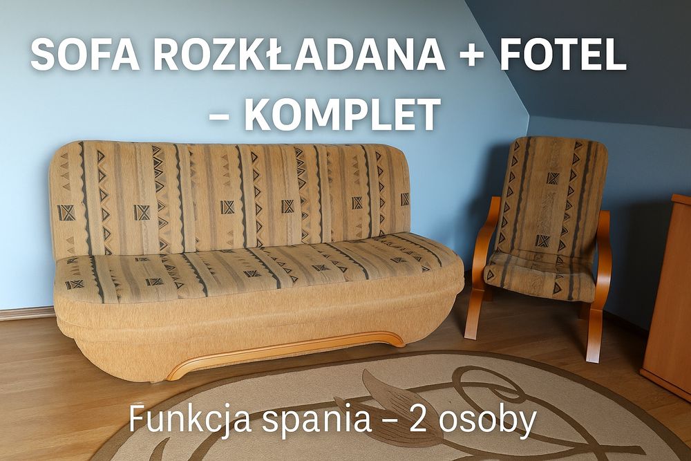 Sofa rozkładana + fotel komplet – funkcja spania, wygodny zestaw