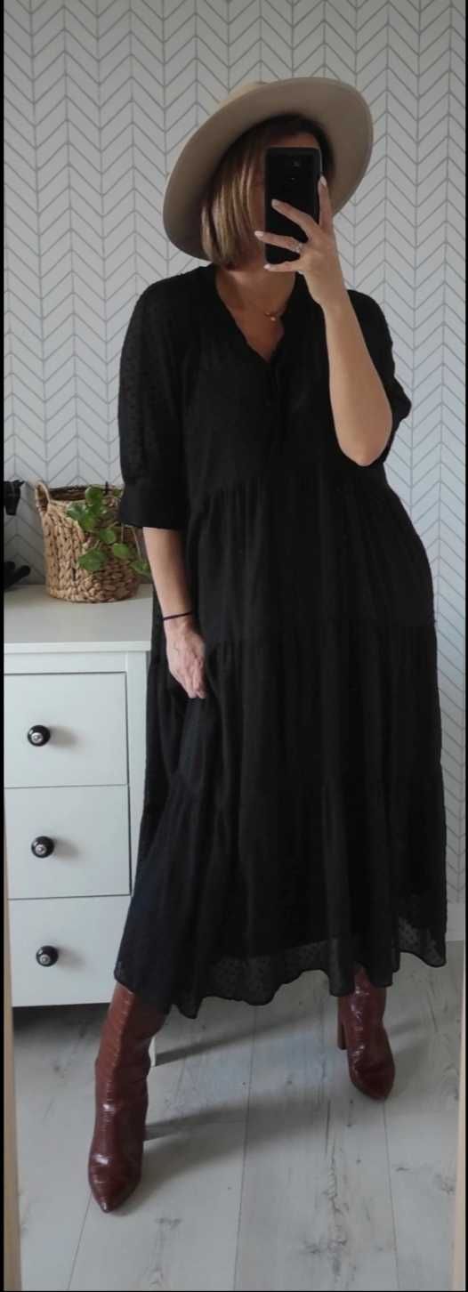 Zara czarna dluga szyfonowa sukienka w stylu boho oversize M/L