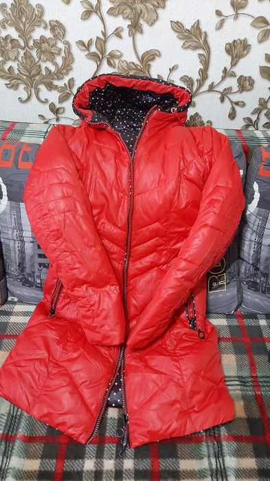 Двостороннє пухове стьобане зимове пальто. Колір червоний/шоколадний в