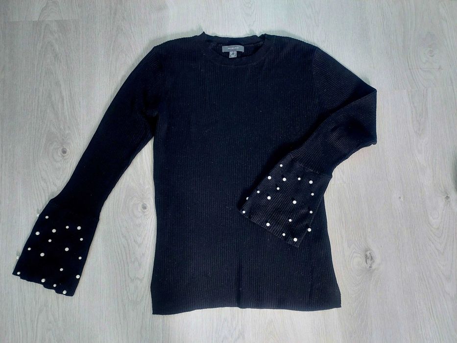 XL czarny prążkowany sweter sweterek prążek perły koraliki primark