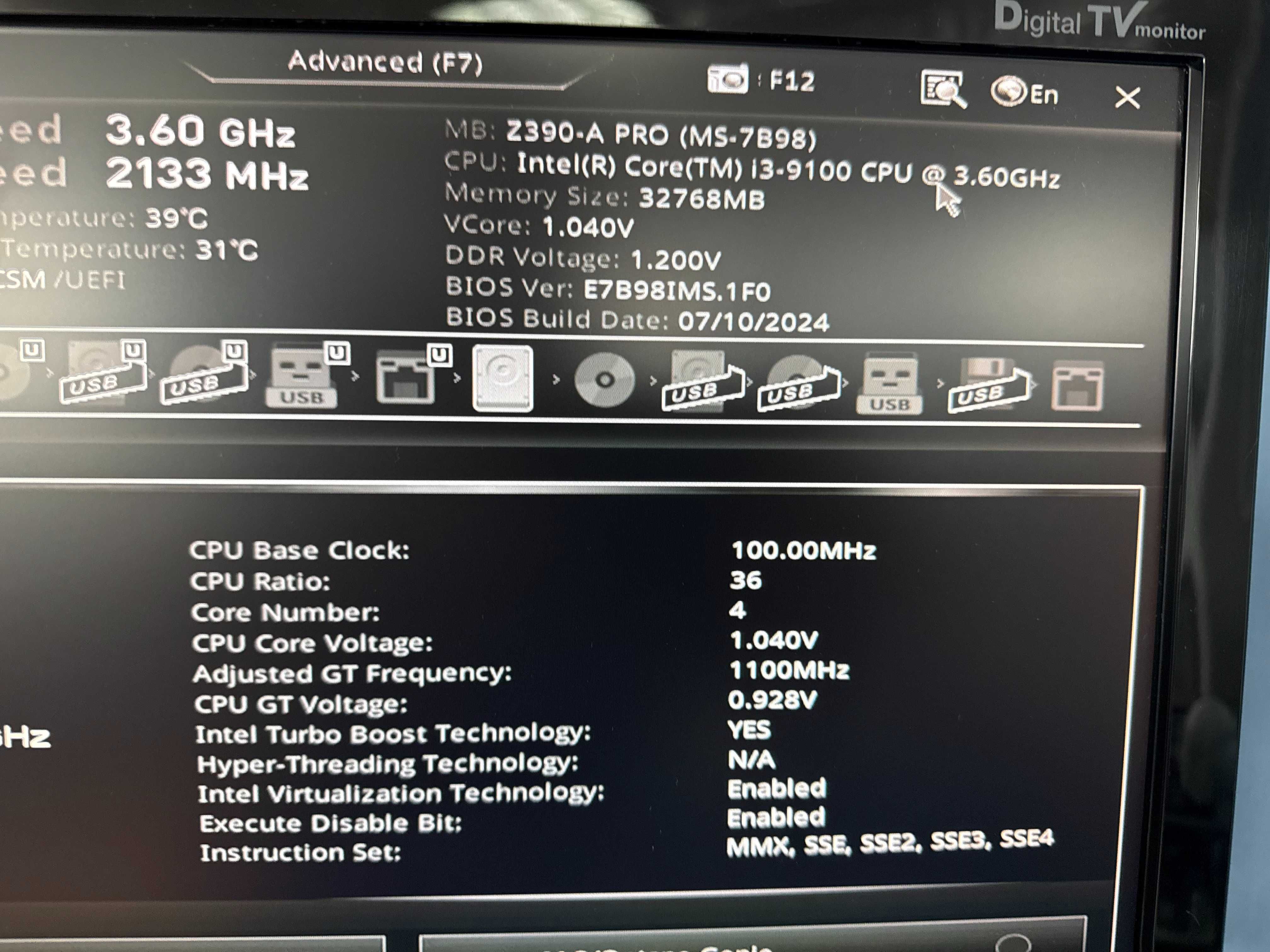 Motherboard CPU Combo. MSI Z390-A Pro & Intel i3-9100