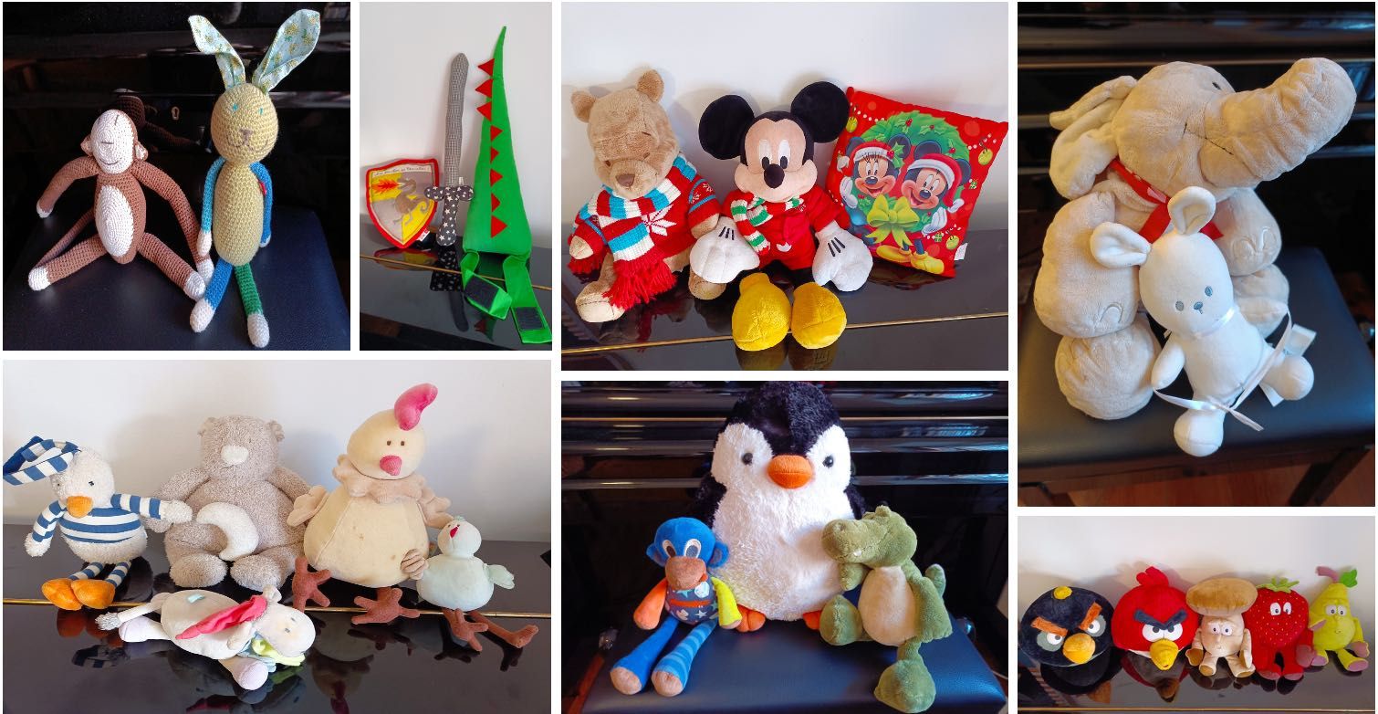 Peluches MICKEY, WINNIE, ANGRY BIRDS, JACADI musical, Pinguim...