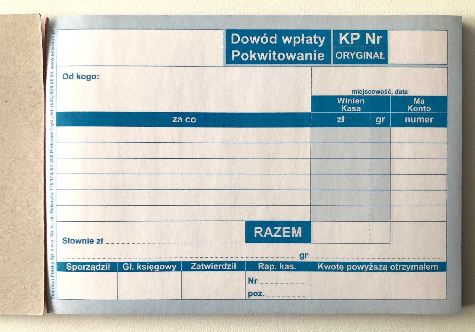 Dowód wpłaty KP Emerson  A6 oryginał + kopia nowy