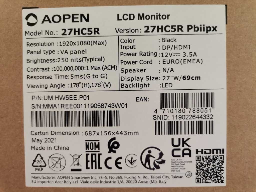 2x ACER AOPEN 27HC5R PBIIPX 27", 165Hz, VA, gamingowe