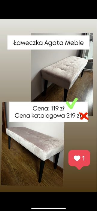 Ławeczka welurowa Agata Meble brudny róż