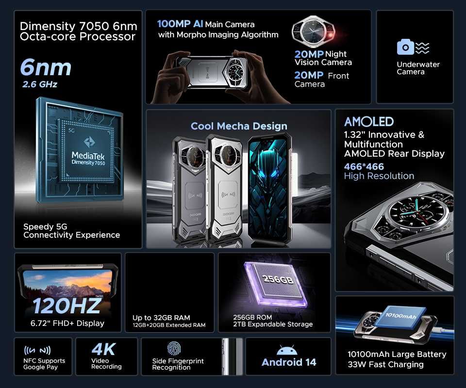 DOOGEE S200, 32/256Gb, 100/20NV/20Mp, 10100мАч, 33W, 7050 5G, IP69K
