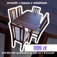 Nowe: Stół 80x140/180 + 6 krzeseł, orzech + kawa z mlekiem, transPL