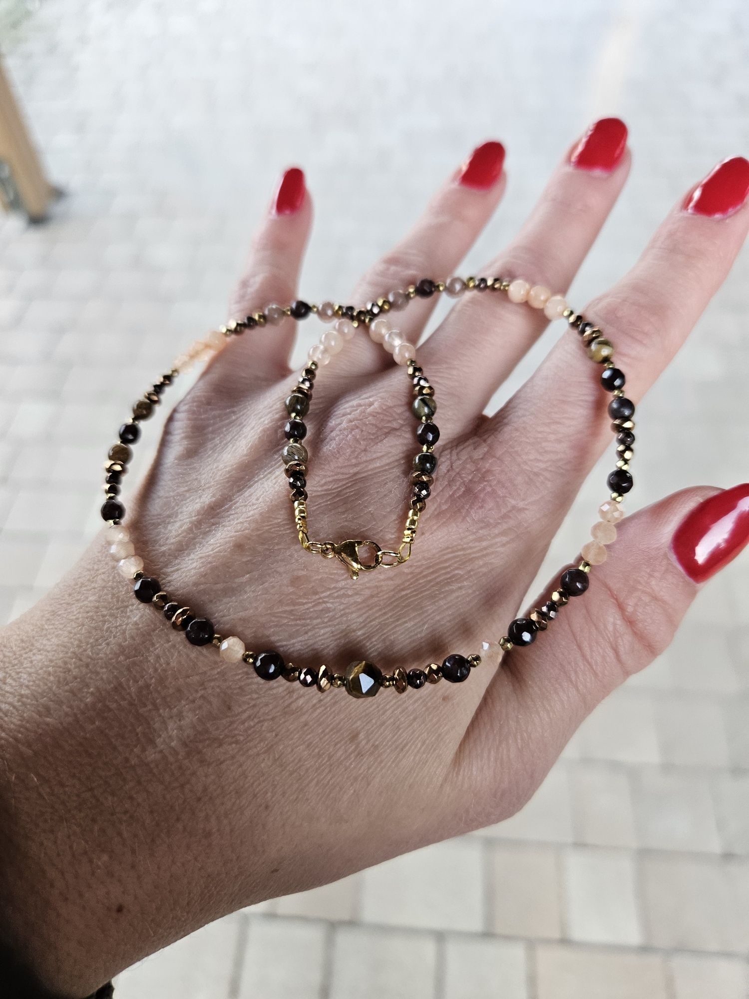 Naszyjnik Choker kamienie naturalne Tygrysie oko Jadeit Agat Hematyt