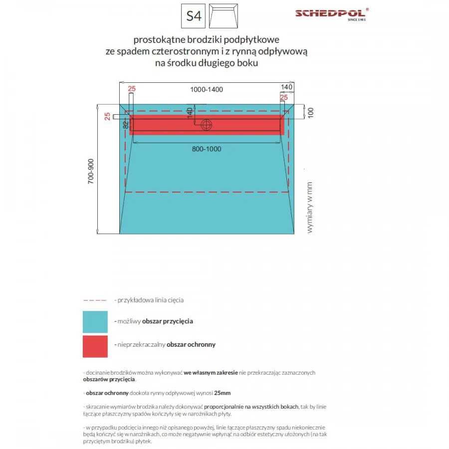 Schedpol Base brodzik podpłytkowy 4-spadowy 90x120 cm z rusztem
