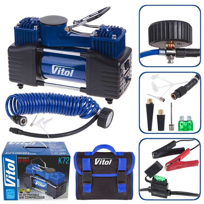 Компресор "ViTOL" K-72 150psi/25Amp /90л/2 циліндра /шланг 5,0м/клеми