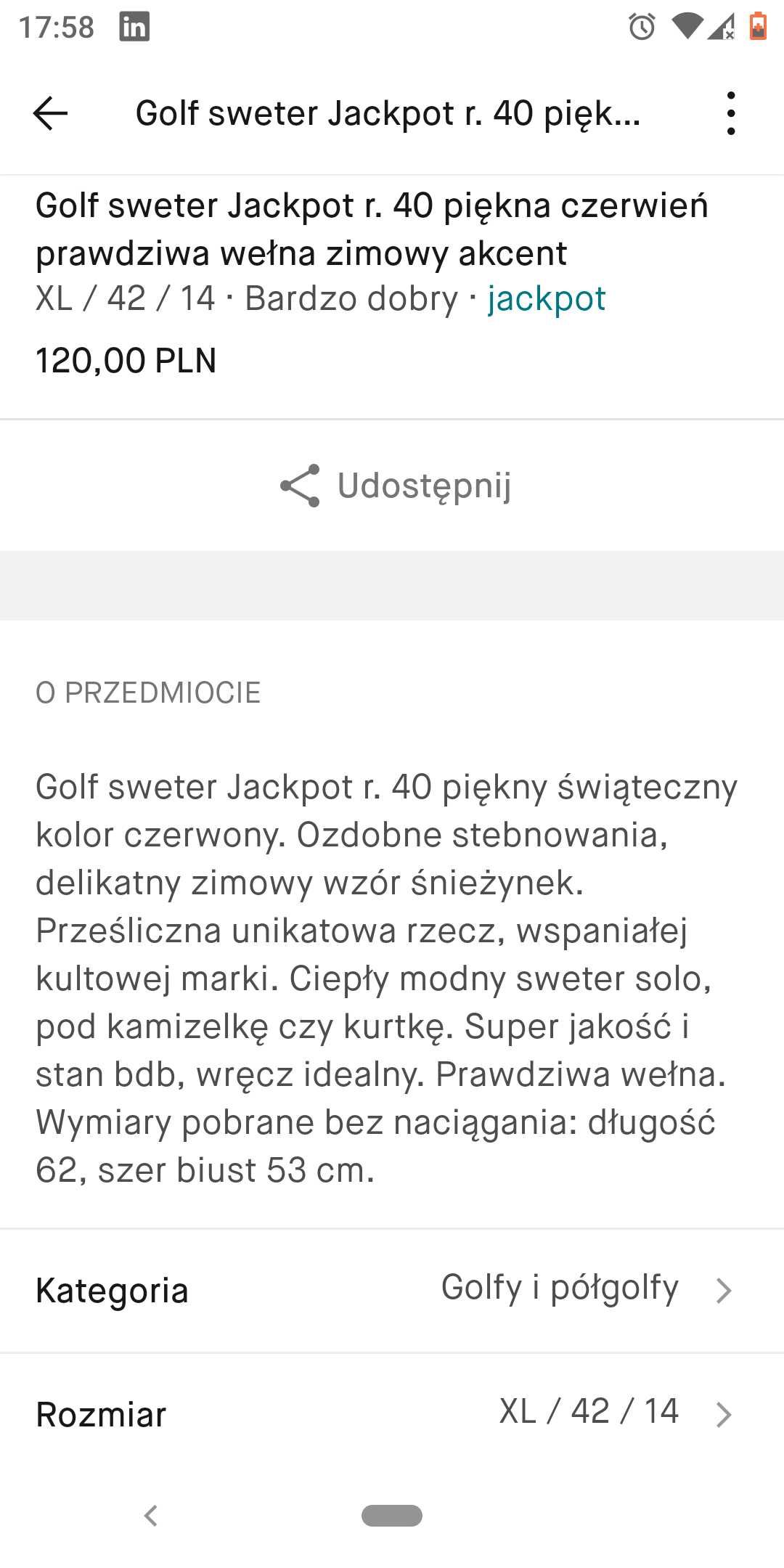 Golf sweter Jackpot r. 40 piękna żywa czerwień prawdziwa wełna