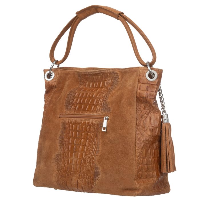 VERA PELLE torebka zamszowa worek kroko z frędzelkami V592 fuksja