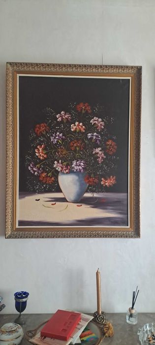 Quadro a óleo, moldura em talha dourada