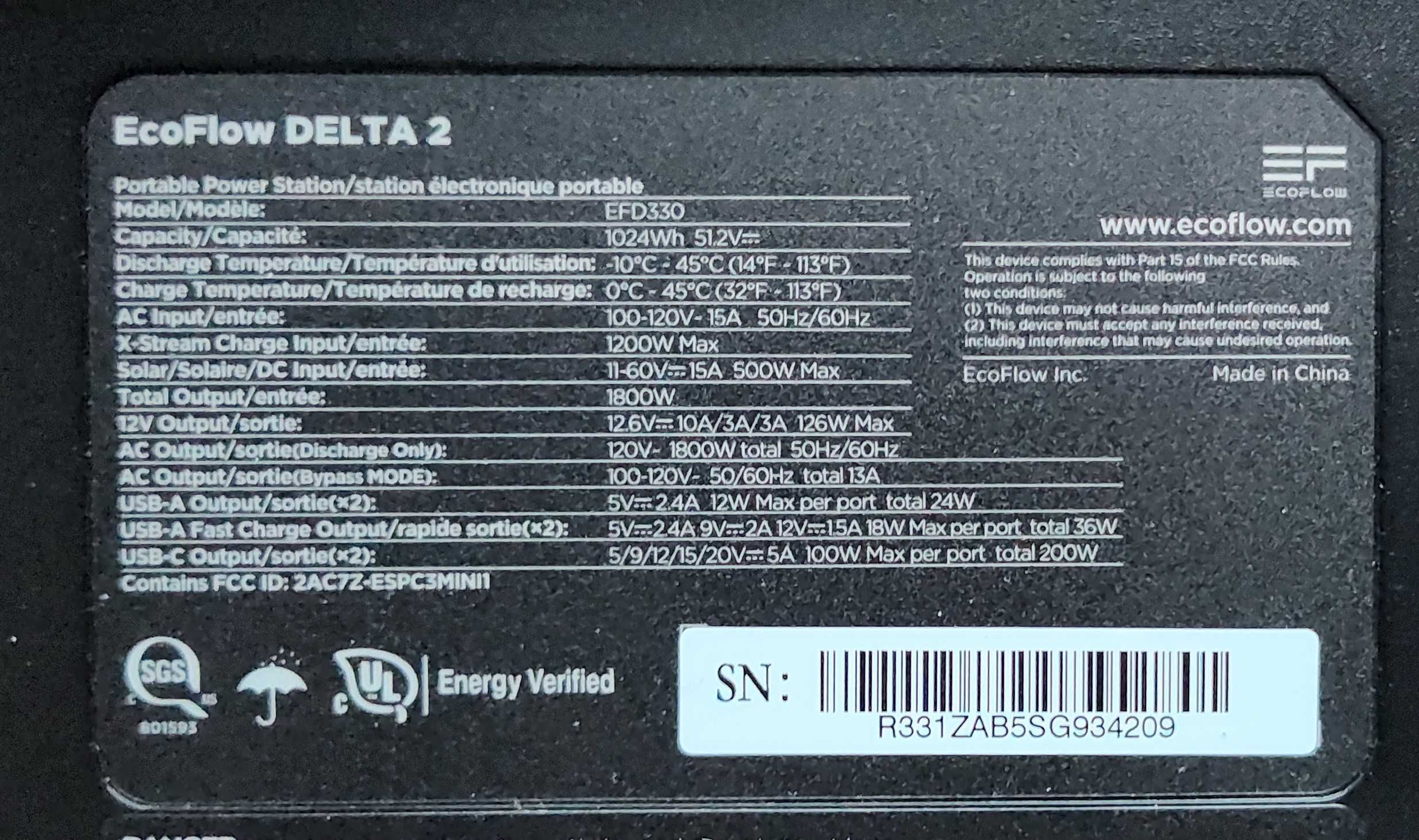 Зарядная станция EcoFlow DELTA 2 1800W  1024Wh LiFePO4 US 110V