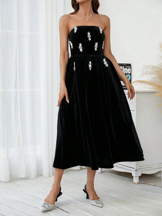 Sukienka Wieczorowa Welurowa Z Odkrytymi Ramionami Czarna Shein Xs 34