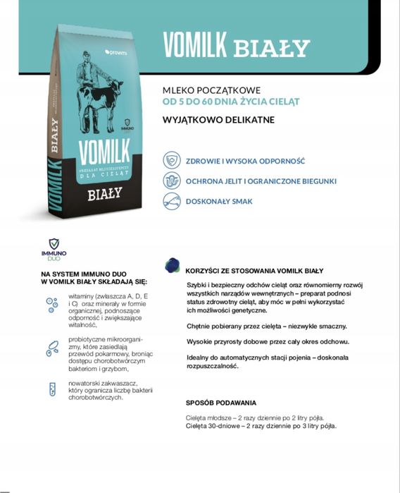 VOMILK BIAŁY Preparat Mlekozastępczy dla Cieląt 20kg