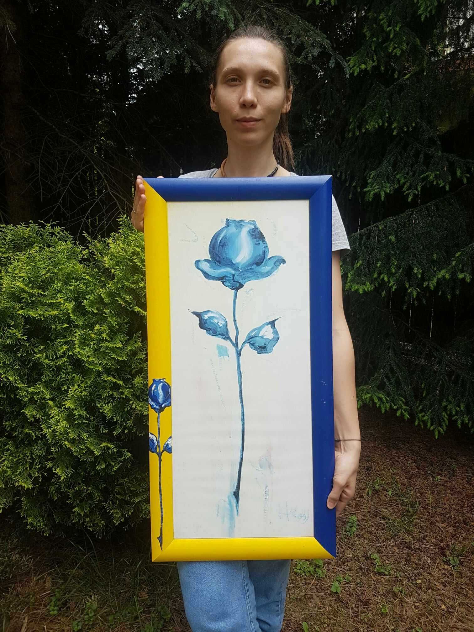 Obraz reprodukcja nowoczesna RÓŻA żółto niebieska za szybą 38X78 cm