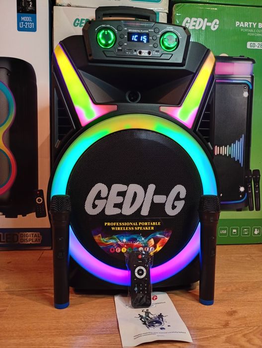 Караоке акустика GeDi-15(блютуз,SD,USB, FM) ПультДУ, 2микрофона