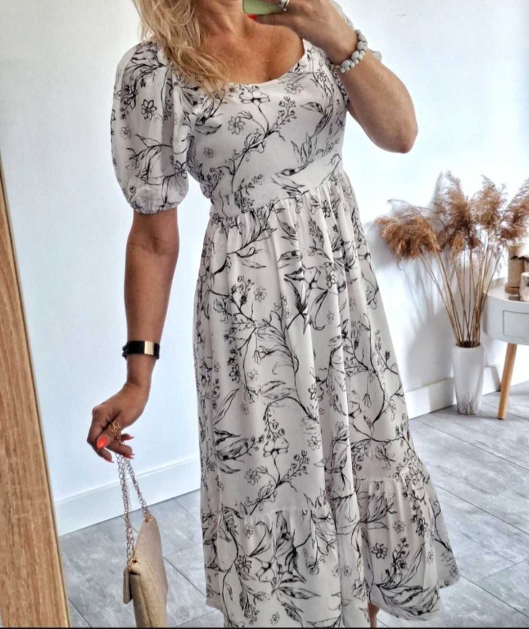 Reserved biala wzorzysta sukienka midi M