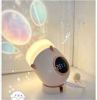 Lampka nocna 3w1 zegar na biurko USB projektor gwiazd LED latarka
