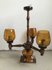 Drewniany żyrandol lampa PRL miodowe szklo art deco midcentury modern