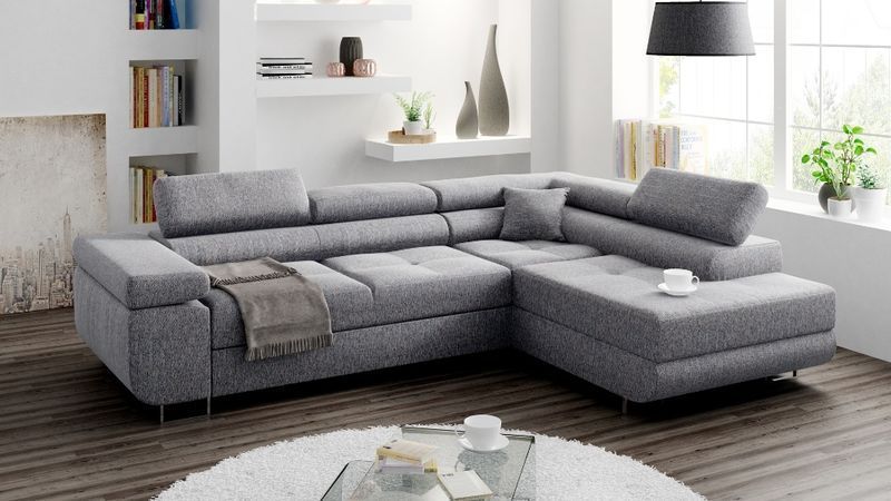 NOWOCZESNY Narożnik MIAMI sprężyny REGULOWANE zagłówki rogówka sofa