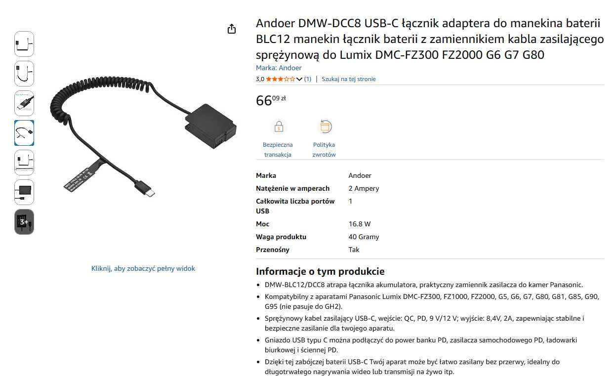 Andoer USB-C dummy battery do Lumix G5, G6, G7, G80 itd