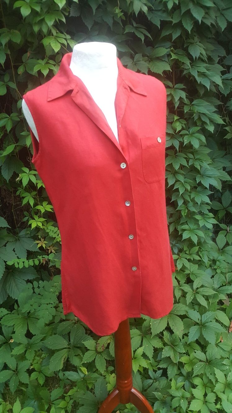 Czerwona bluzka koszula lniana bez rękawów vintage C&A lata 90 r. M