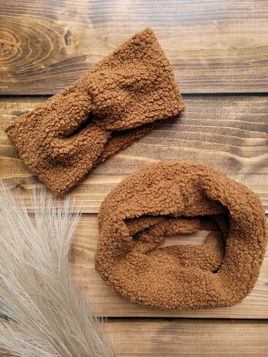 zimowy komplet ciepły baranek boucle opaska przeplatana komin handmade