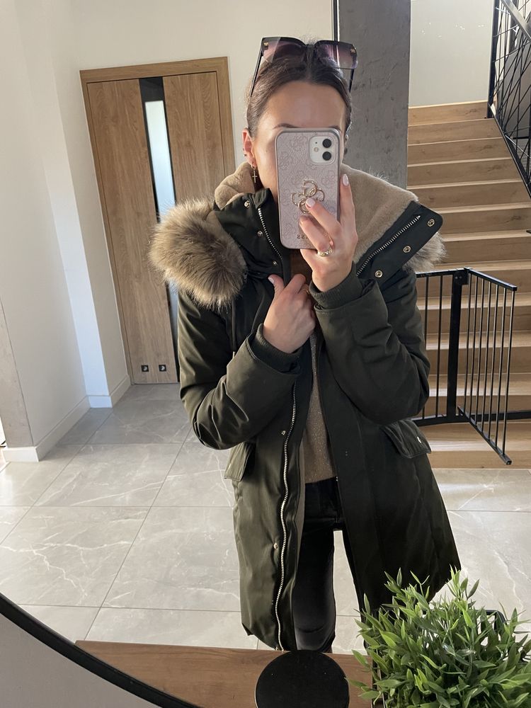 Zara kurtka zimowa parka khaki M 38 miś futerko