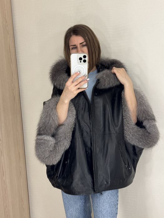 Шкіряна куртка з хутром чернобурка кожаная куртка осень зима летучка
