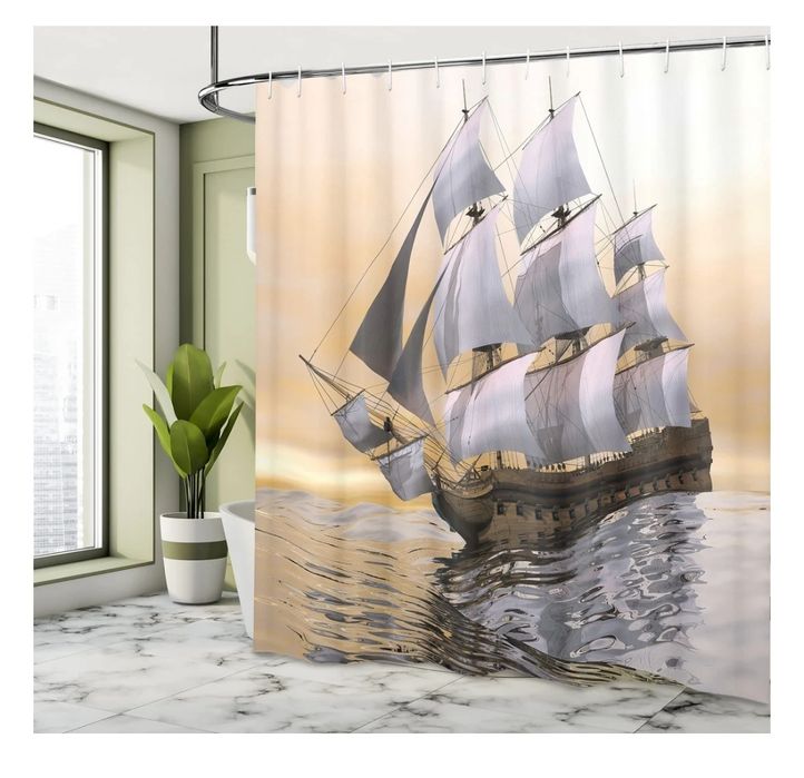 ABAKUHAUS żeglarska zasłona prysznicowa, statek na oceanie, materiałow