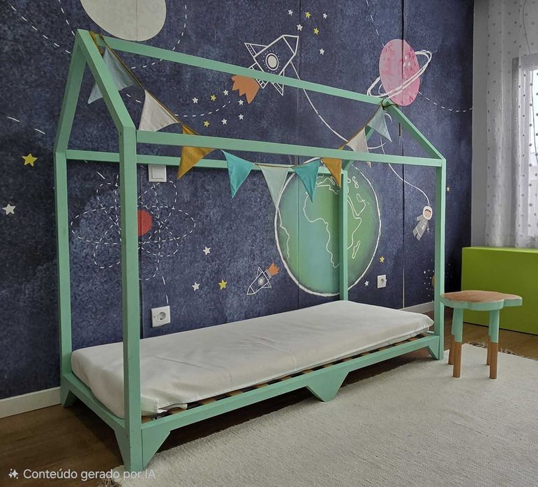 Quarto montessoriano com cama, secretária e gavetões