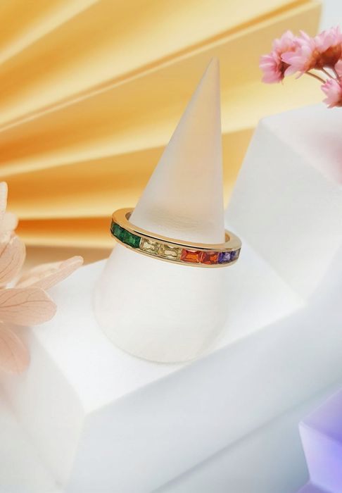 Złota obrączka, kolorowe cyrkonie, pr 585, r. 14