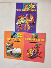 Książki: Trzej Muszkieterowie, Moby Dick, Robinson Crusoe, komiks