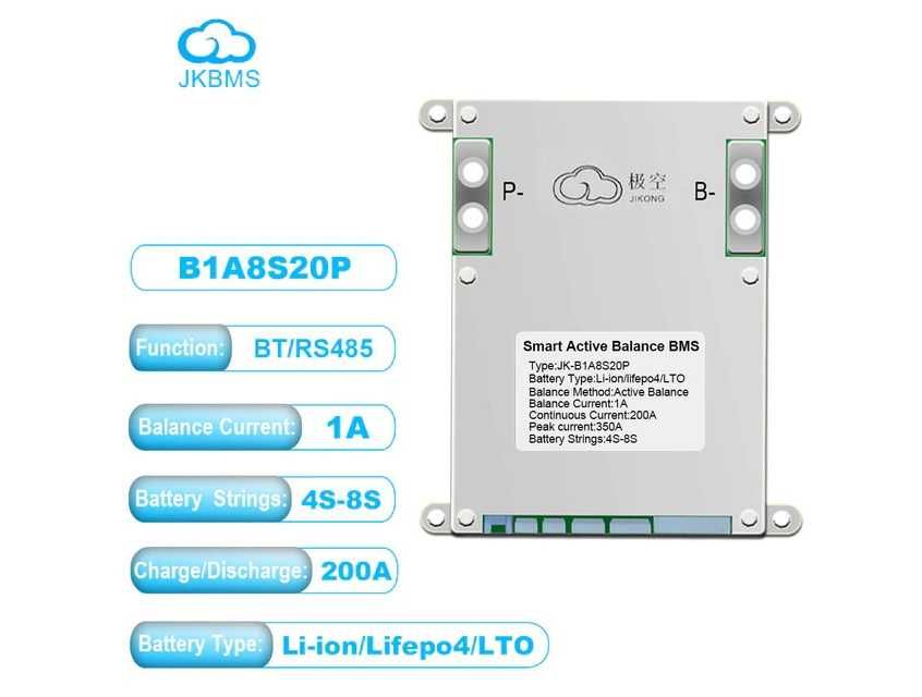 БМС JK-1A8S20P нова. 1А балансування, 200А роб. струм, 12-24В напруга
