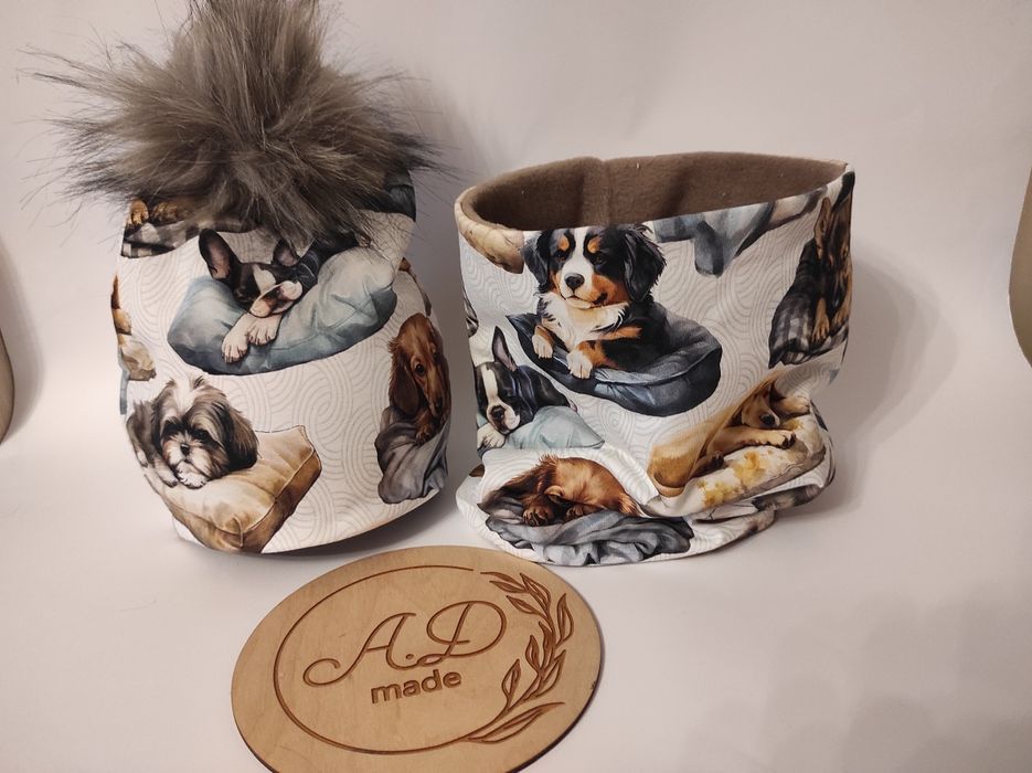 Komplet czapka komin ocieplany Pompon Buldog Shihtzu