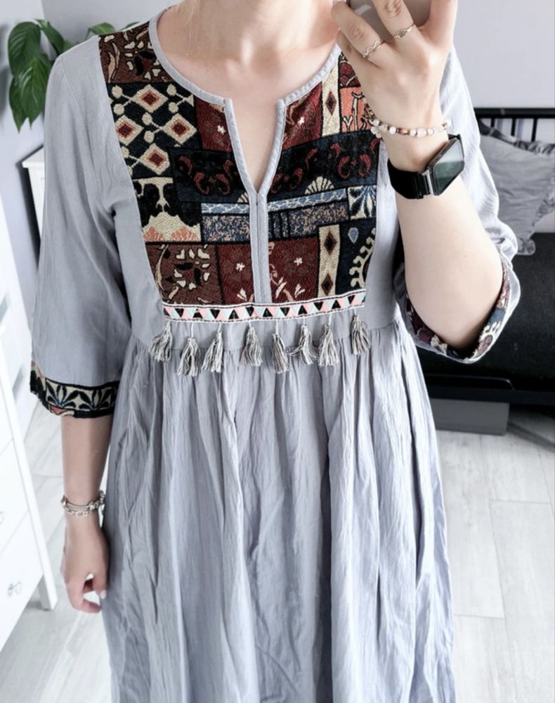 Bawełniana sukienka z odcięciem i chwostami boho style luźna