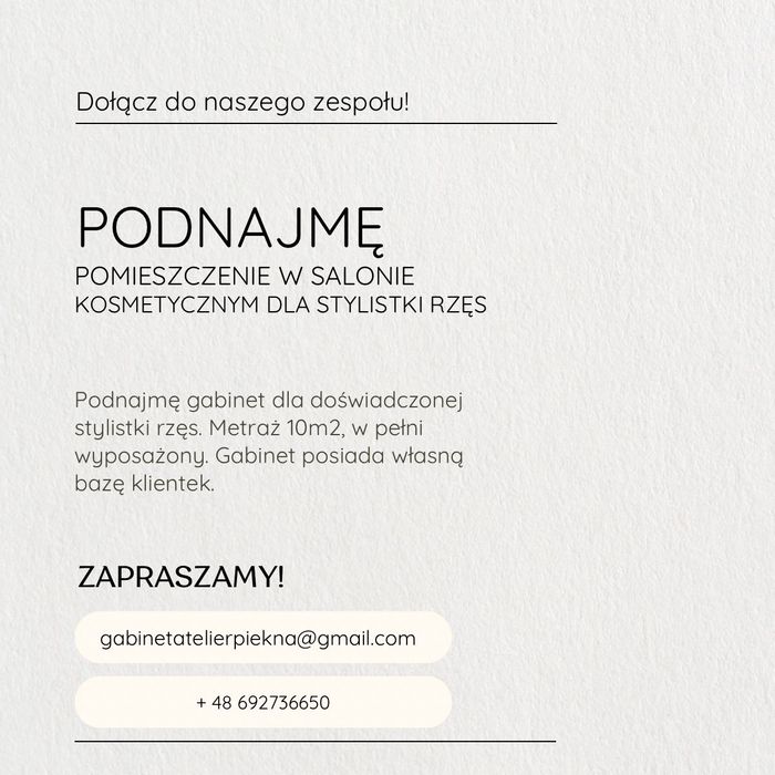 Podnajmę w pełni wyposażone pomieszczenie w gabinecie kosmetycznym