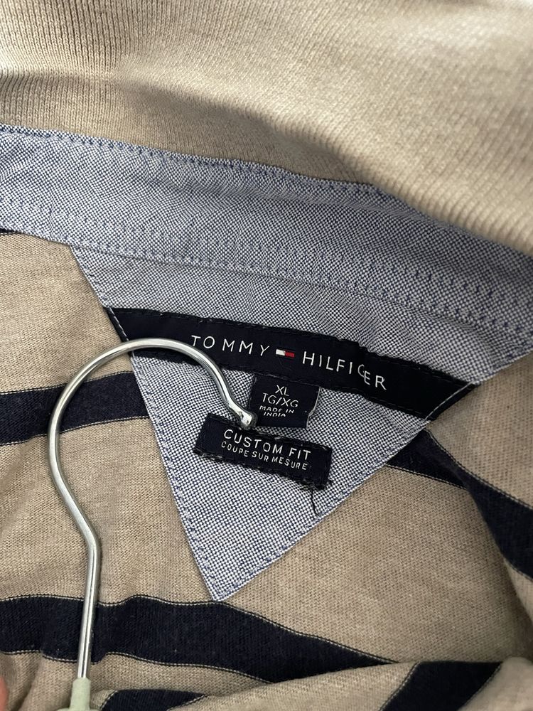 Koszulka Polo Tommy Hilfiger XL custom fit paski beżowa plus size