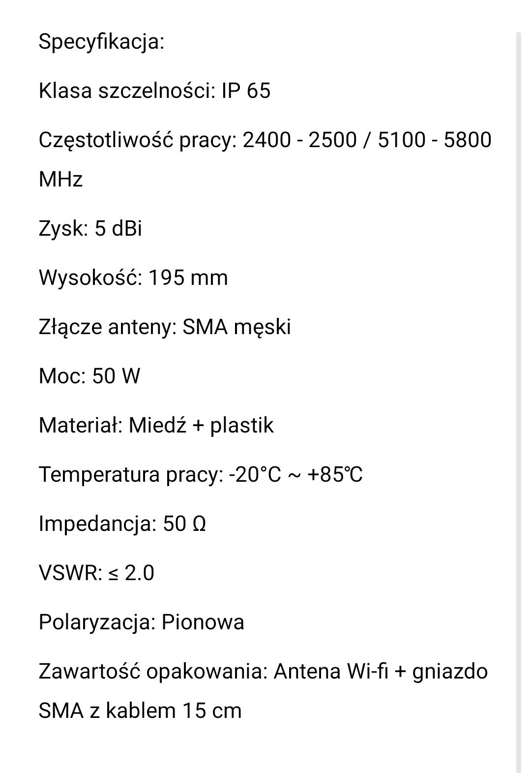 Antena Wi-Fi 2.4/5GHz dookólna 5dBi z gniazdem SMA