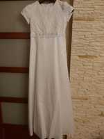 Sukienka komunijna satyna, bolerko, torebka, rękawiczki, wianek r.154
