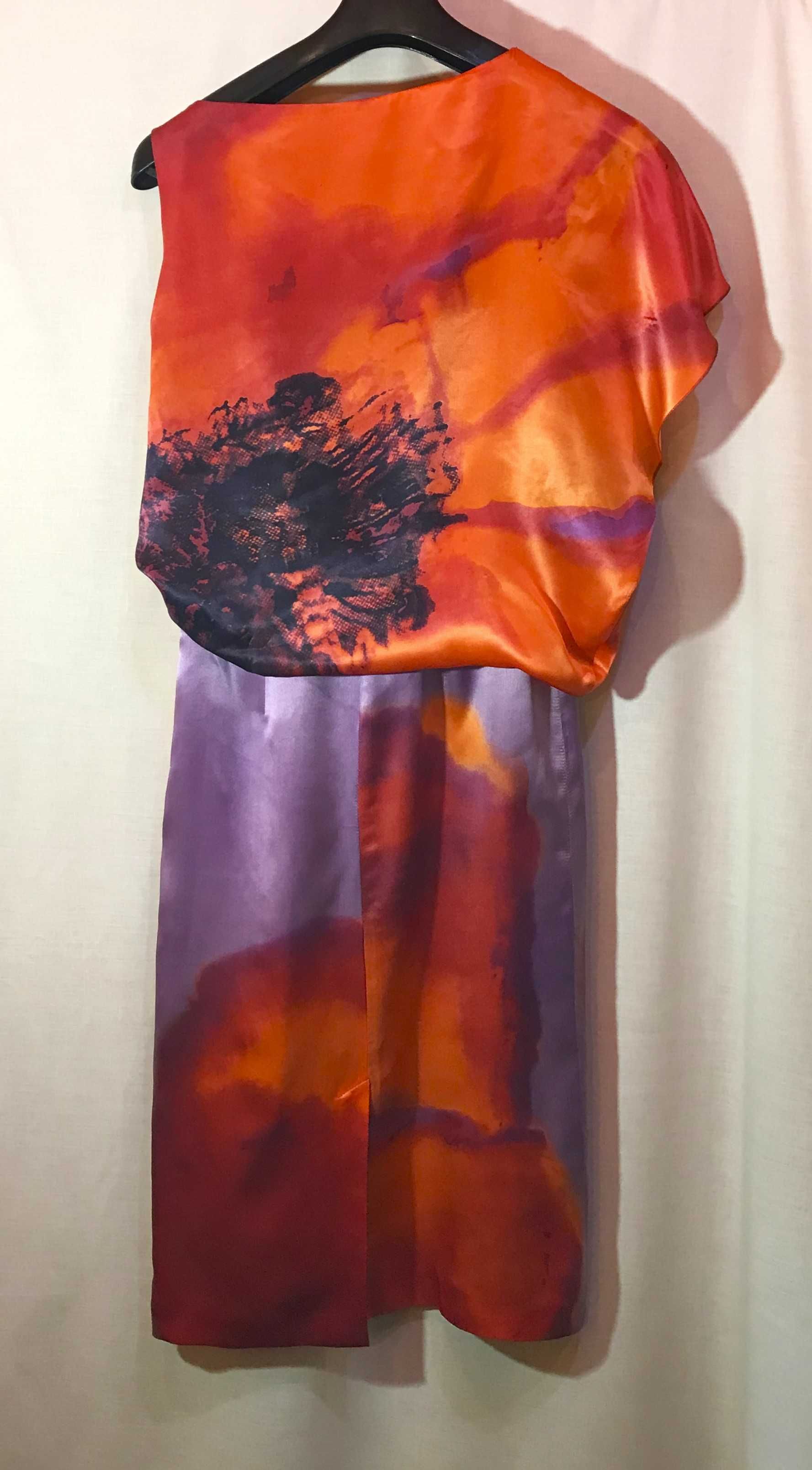 sukienka monnari midi  jedwab asymetria pomarańcz cieniowana kwiat 36