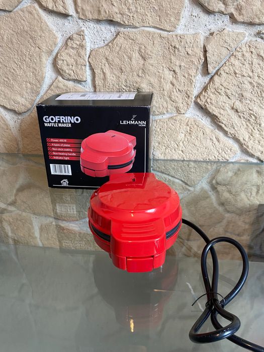 Mini gofrownica Lehmann Gofrino Red – 490 W, 4 wzory, 8 płyt