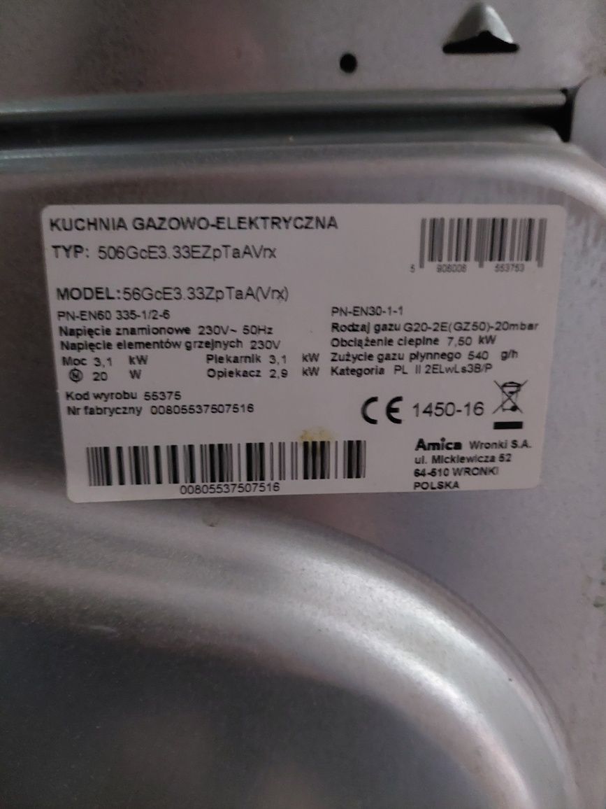 Kuchnia kuchenka gazowo-elektryczna Amica