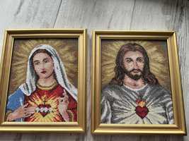 Haftowane obrazki religijne jezus matka boska w ramkach rama