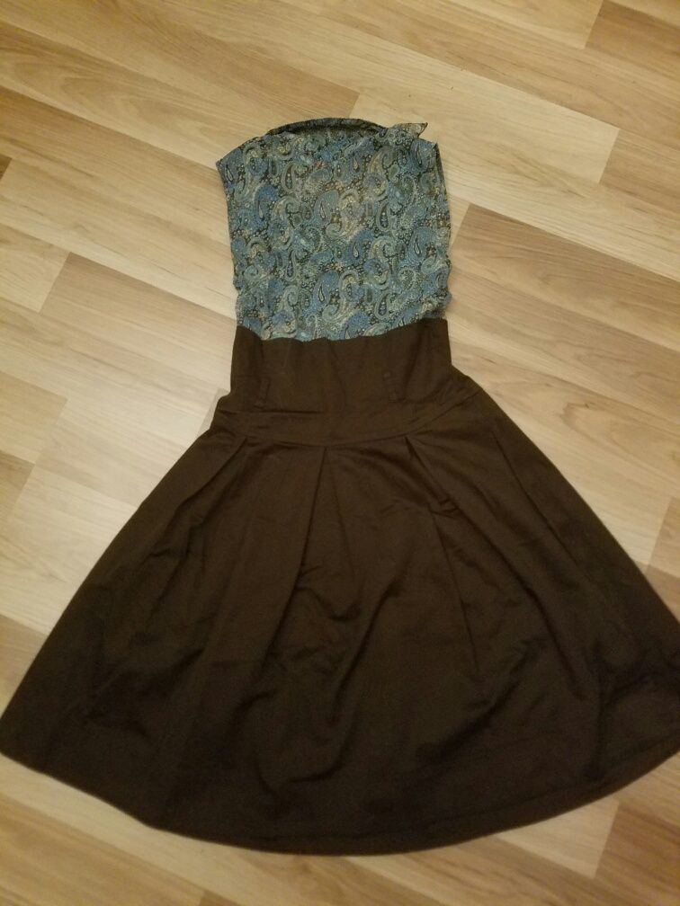 Piękna sukienka koktajlowa, orsay 38, brązowa, turkusowa