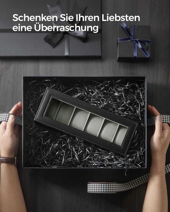 Etui na zegarki SONGMICS 6 przegródek czarne szkło metalowy zamek