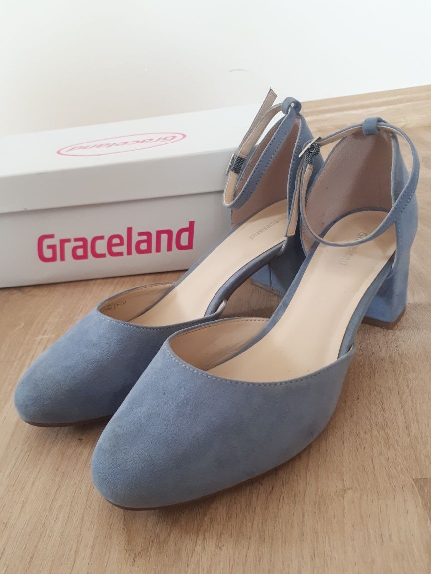 Graceland Deichmann błękitne buty na obcasie