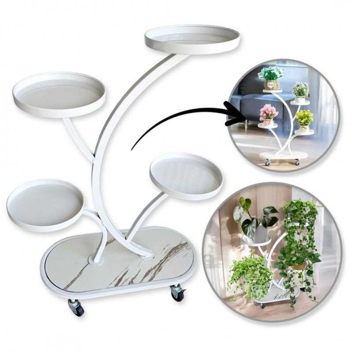 Kwietnik metalowy na kółkach 4 półki 80x60x25 cm biały marmur